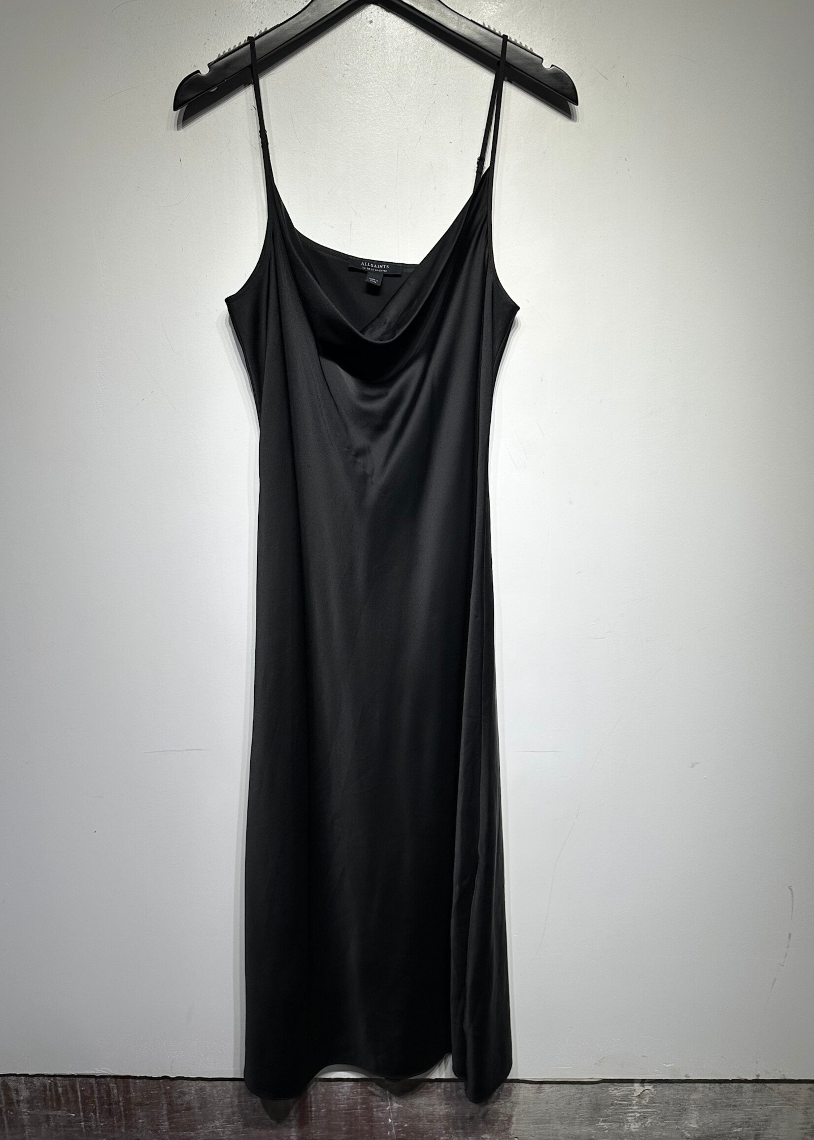 Allsaints Black Satin Long Slip Dress Fem L