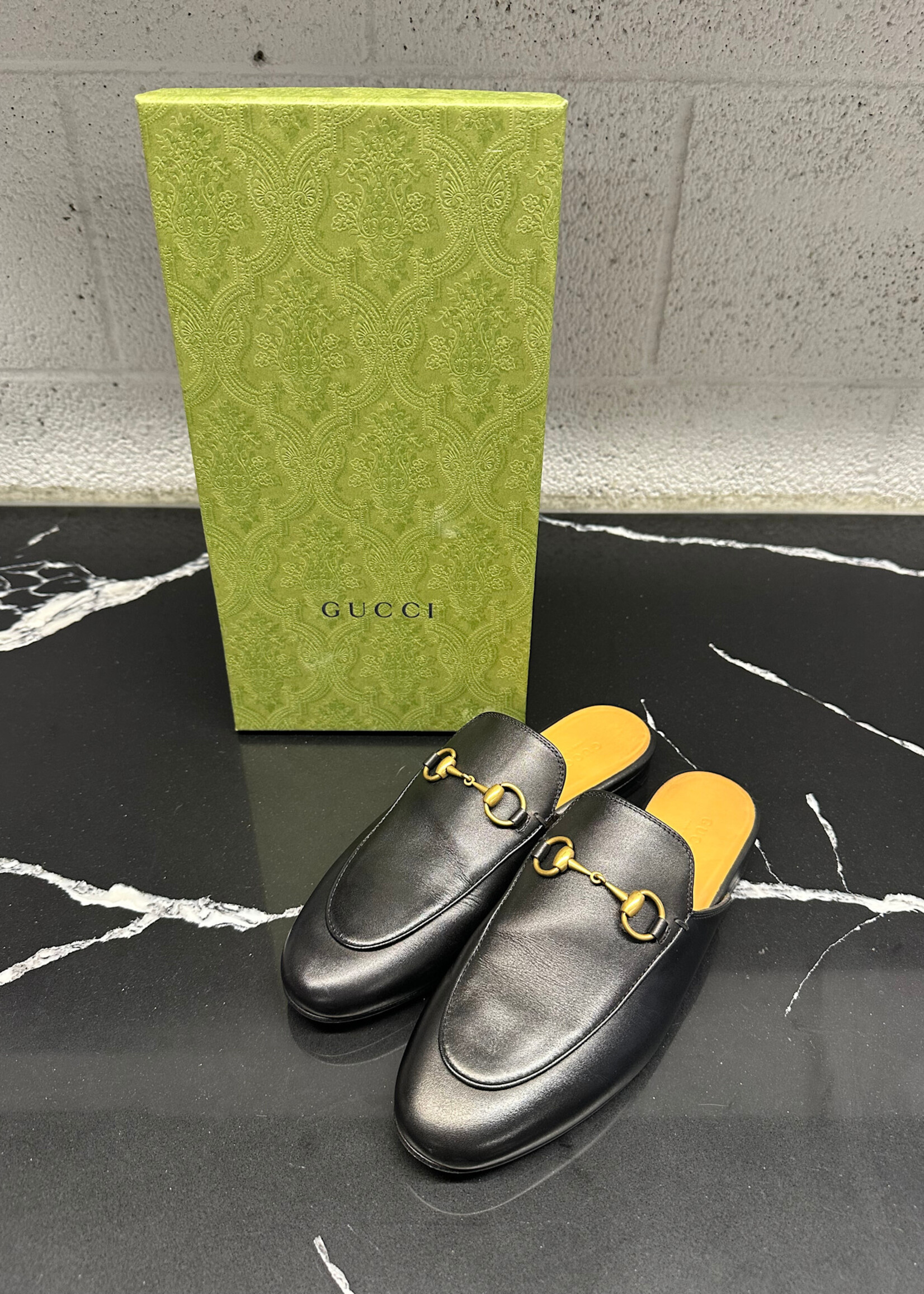 Gucci Princeton Black Leather Mules Fem 6.5