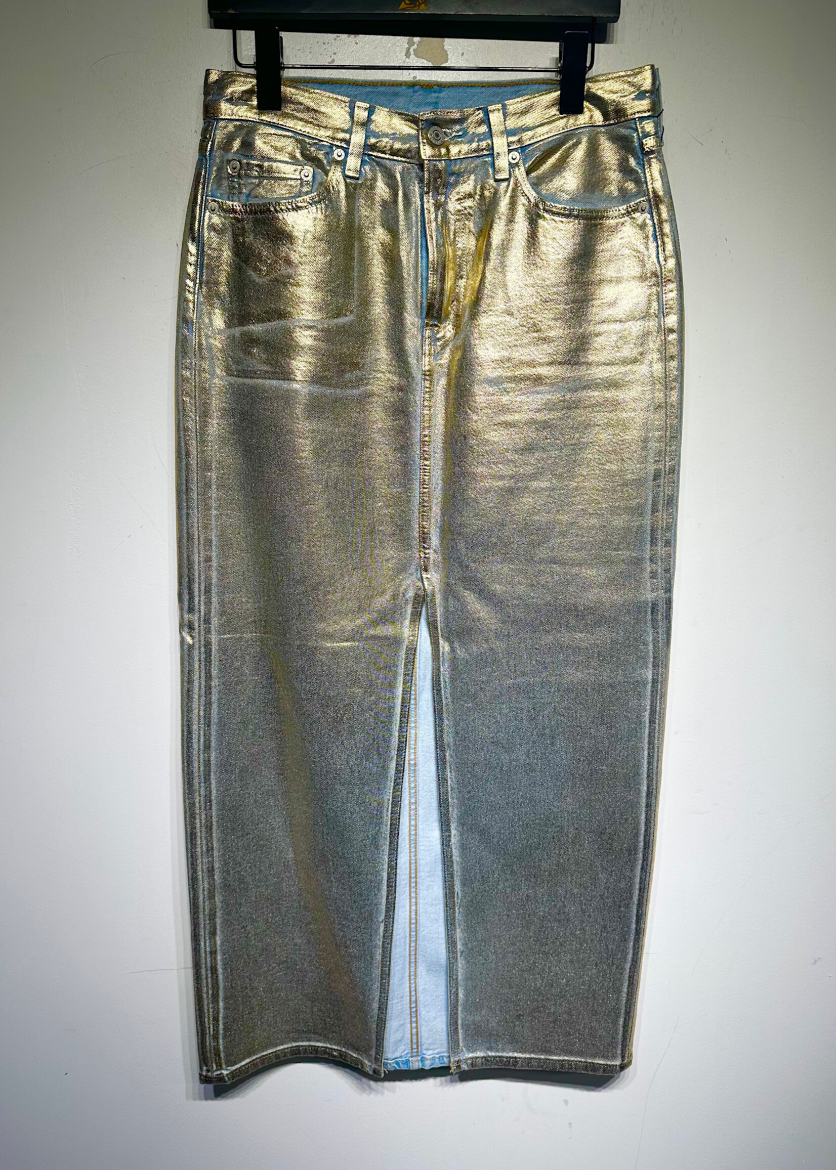 Levis Metallic Gold Maxi Slit Denim Skirt 27