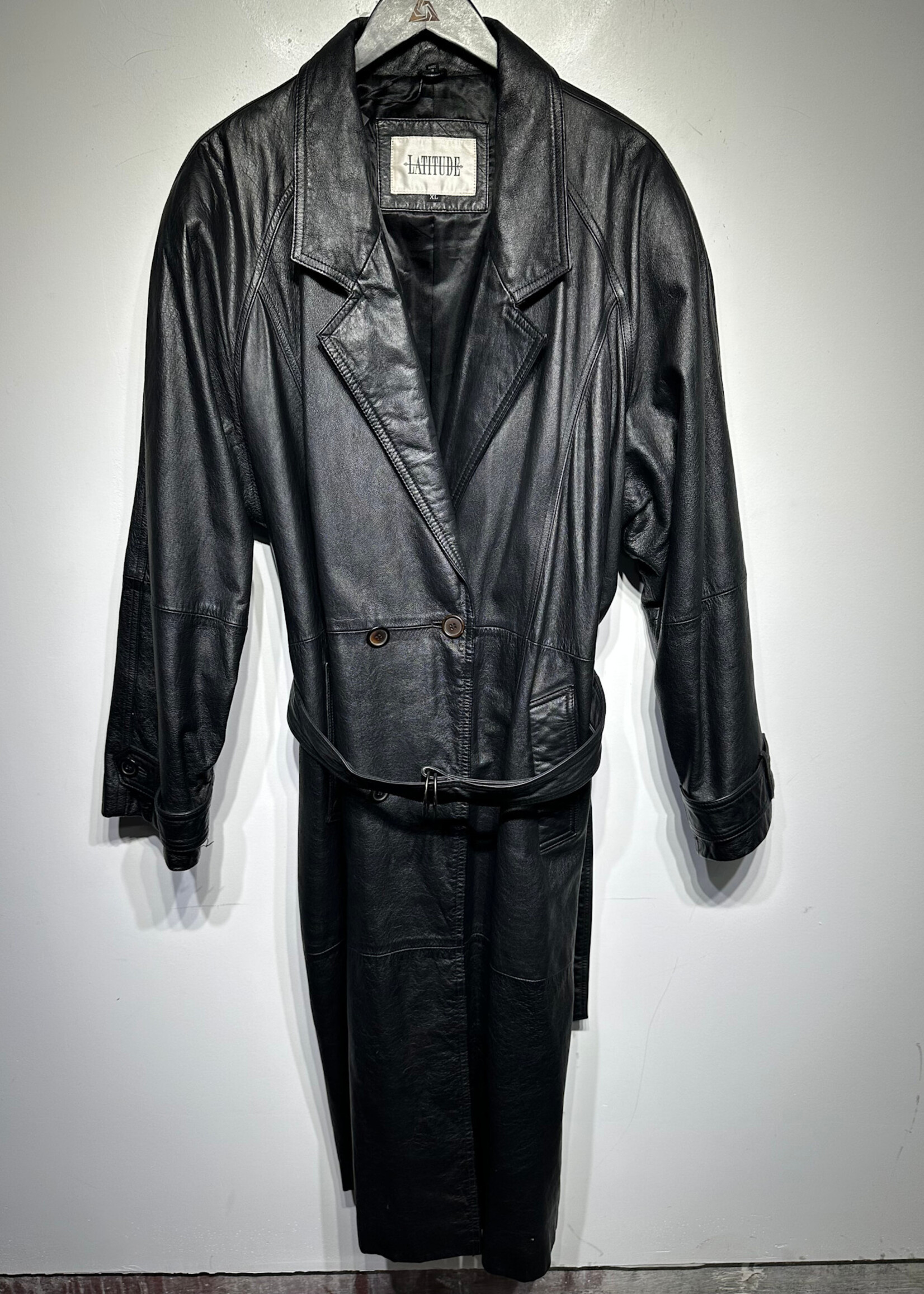 Lattitude Black Leather Trench Coat Masc XL