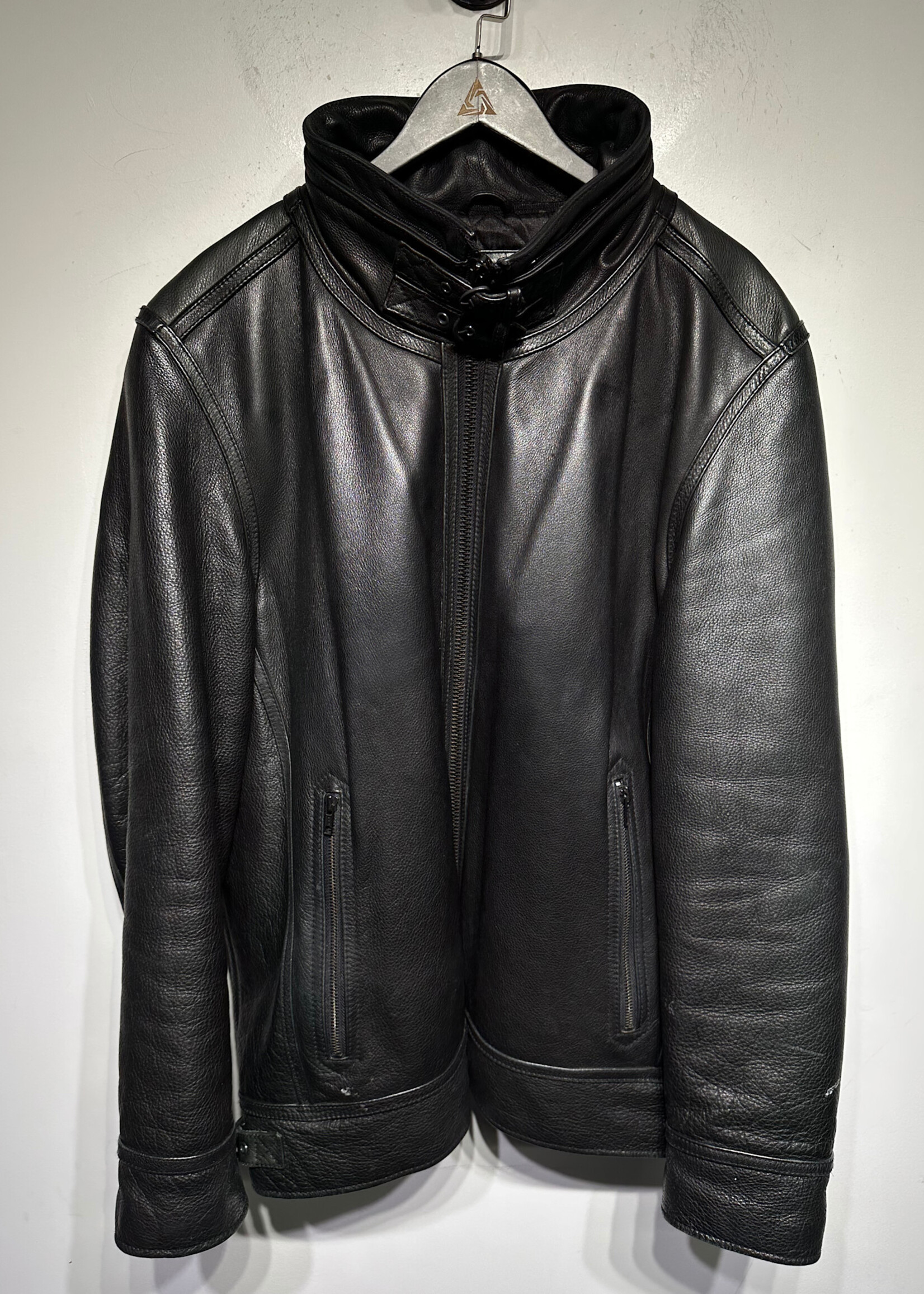 Wilsons Leather Black Moto Buckle Neck Jacket Masc XXL