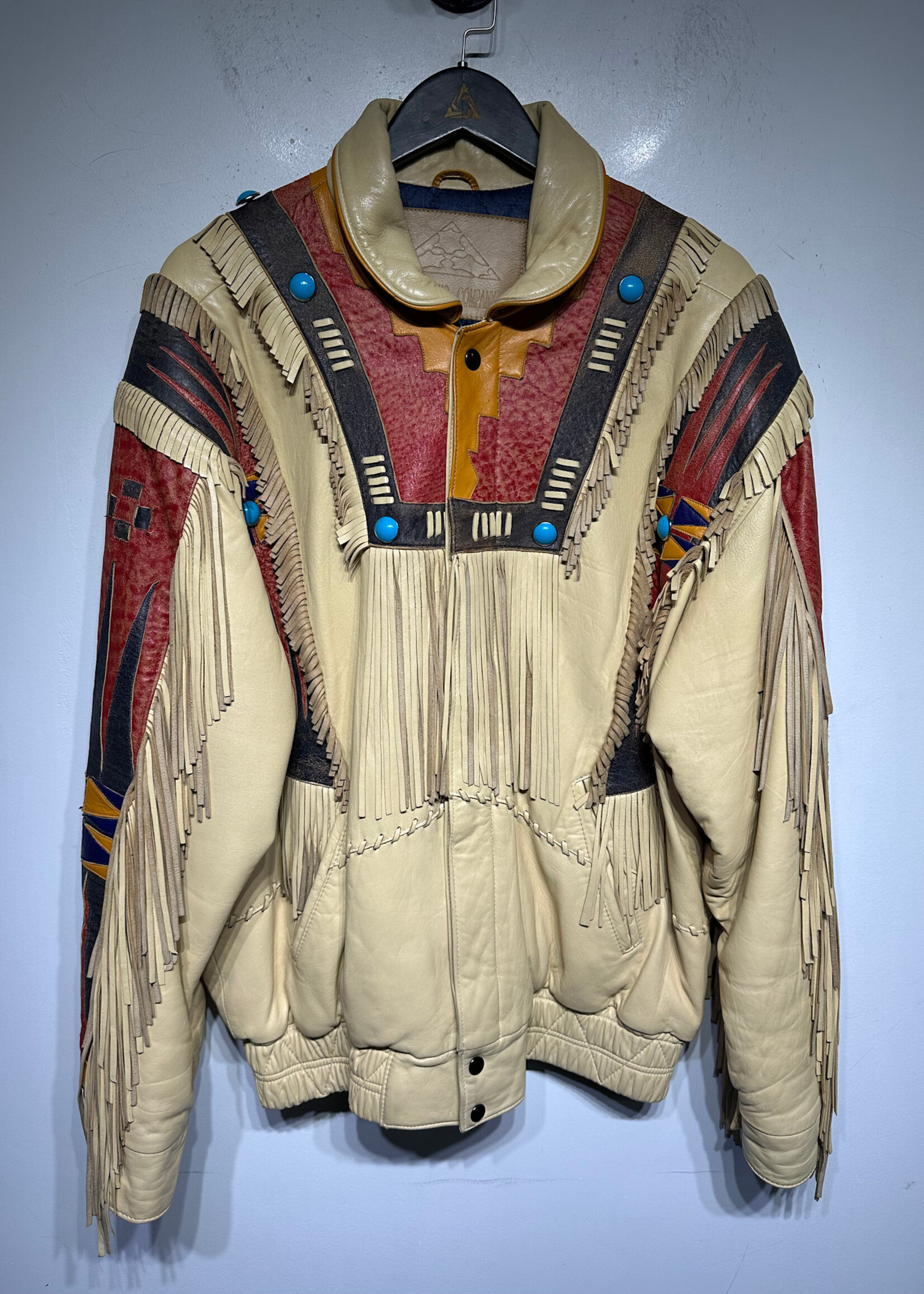 Baja Trading Co Beige Leather Fringe Tribal Jacket Masc M