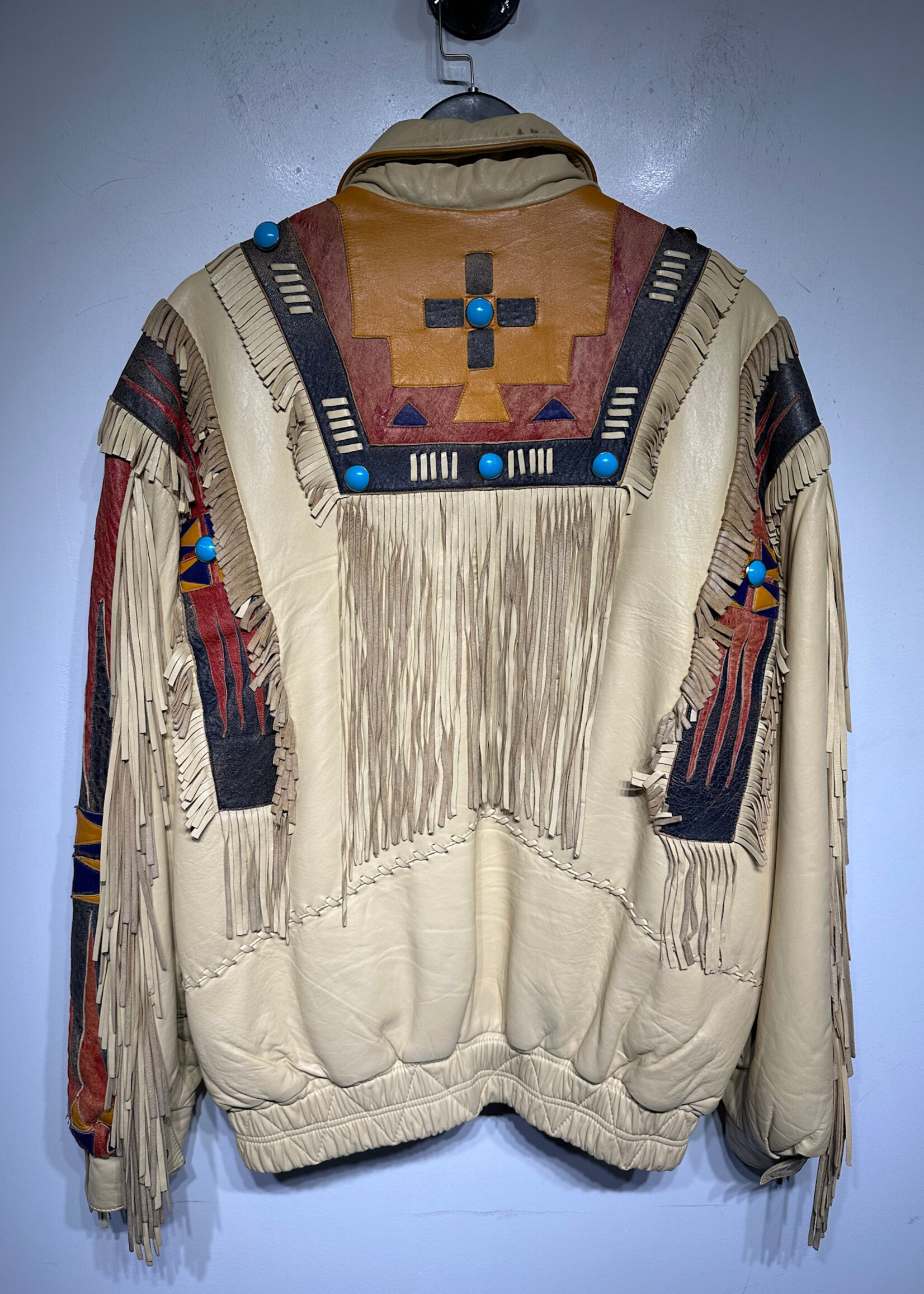 Baja Trading Co Beige Leather Fringe Tribal Jacket Masc M