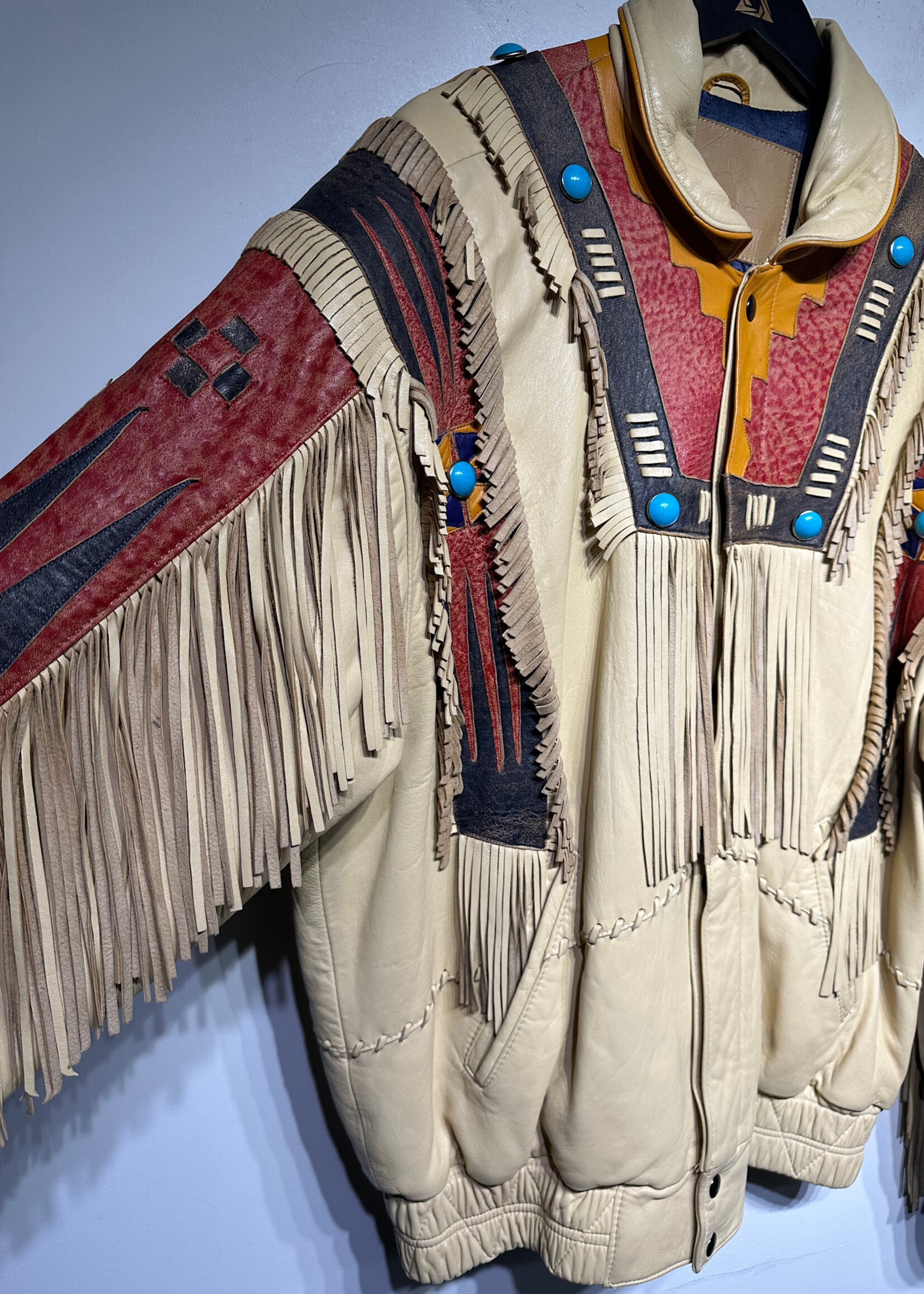 Baja Trading Co Beige Leather Fringe Tribal Jacket Masc M