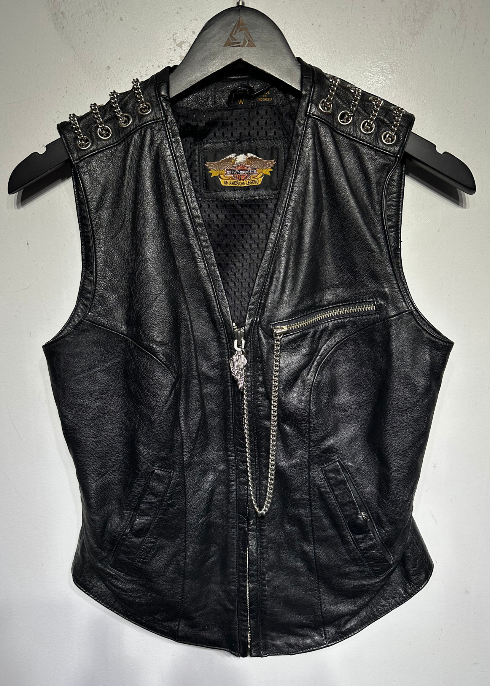 Harley Black Leather Chain Detail Vest Fem XS