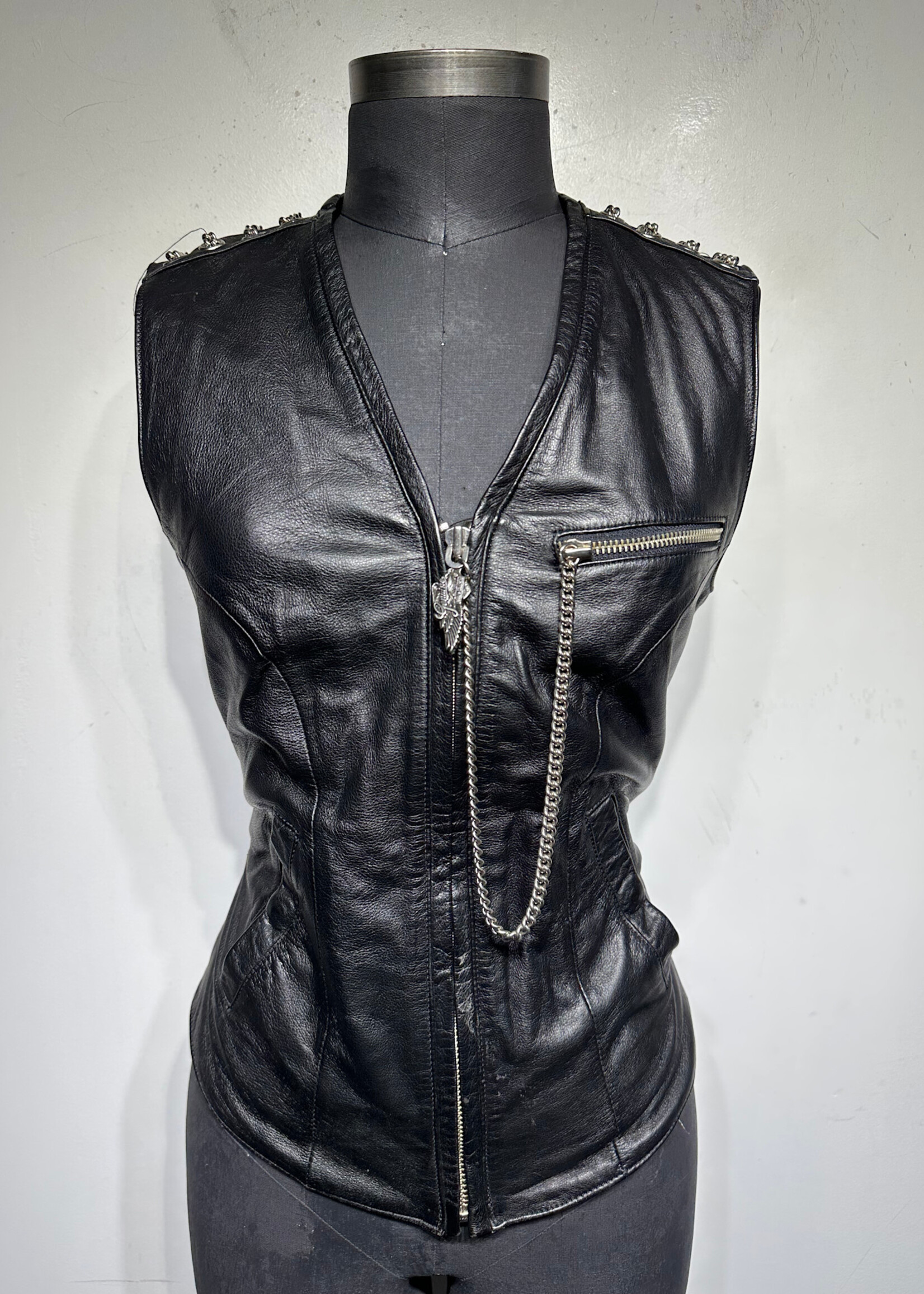 Harley Black Leather Chain Detail Vest Fem XS