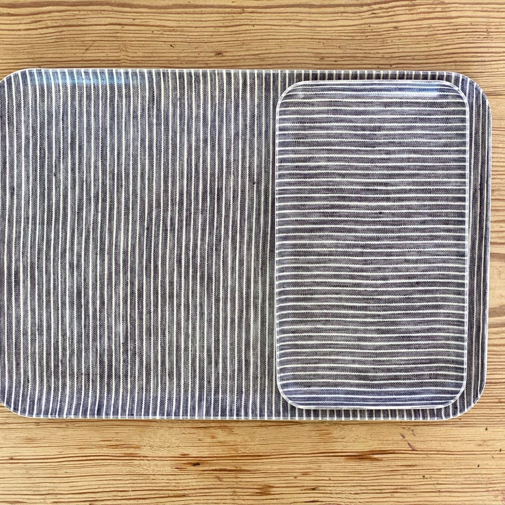Fog Linen Gray and White Striped Linen Coated Tray, Medium