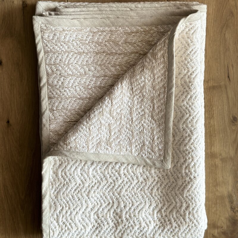 96" Cotton and Linen Crochet Throw - Flax w/ grey trim
