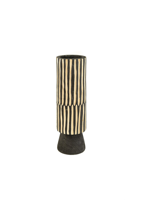 Kalalou Tall Black Wooden Cylinder Vase With Carving - 6Dx19.5T