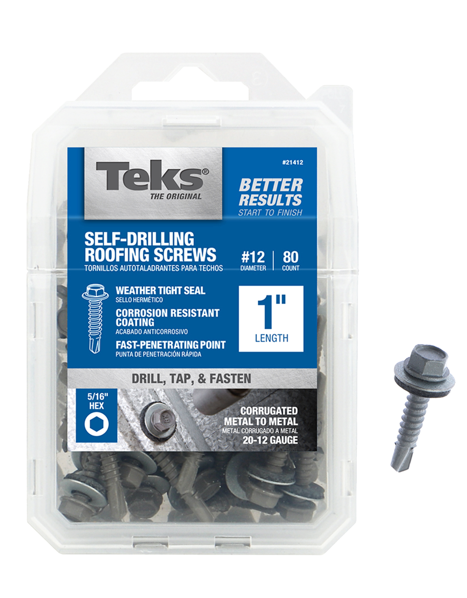 Teks Teks 21412 Roofing Screw, #12 Thread, Coarse, 5/16 in Drive, Drill Point*