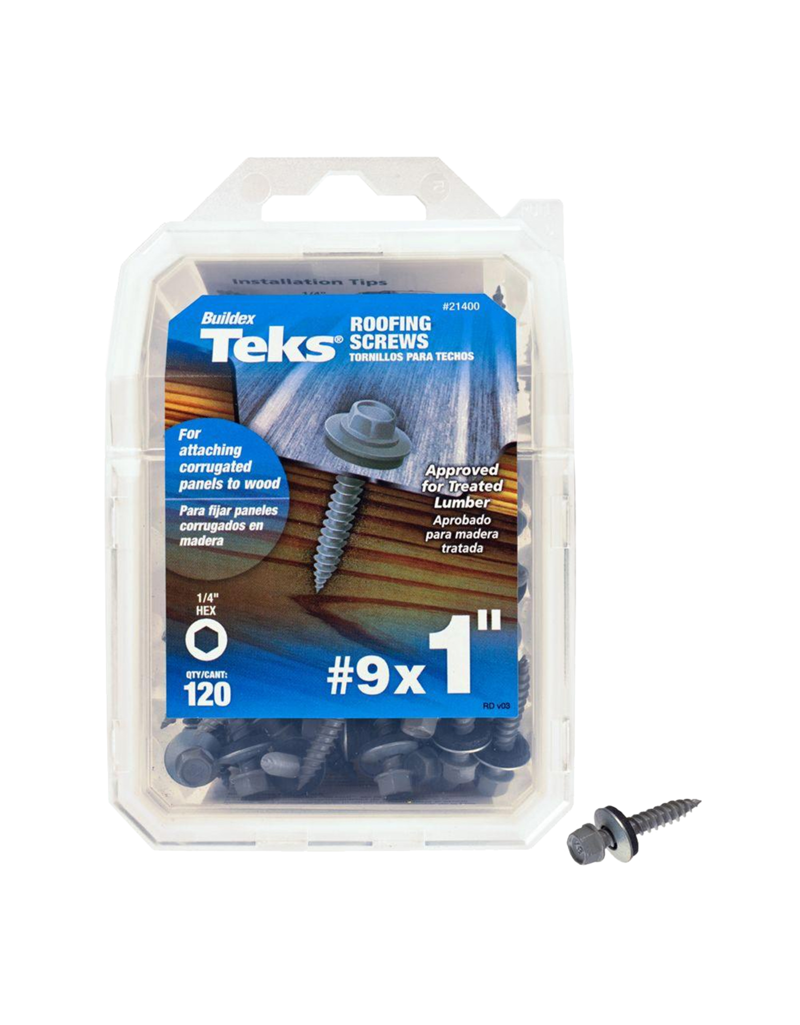 Teks Teks 21400 Roofing Screw, #9 Thread, Fine, 1/4 in Drive, Sharp Point