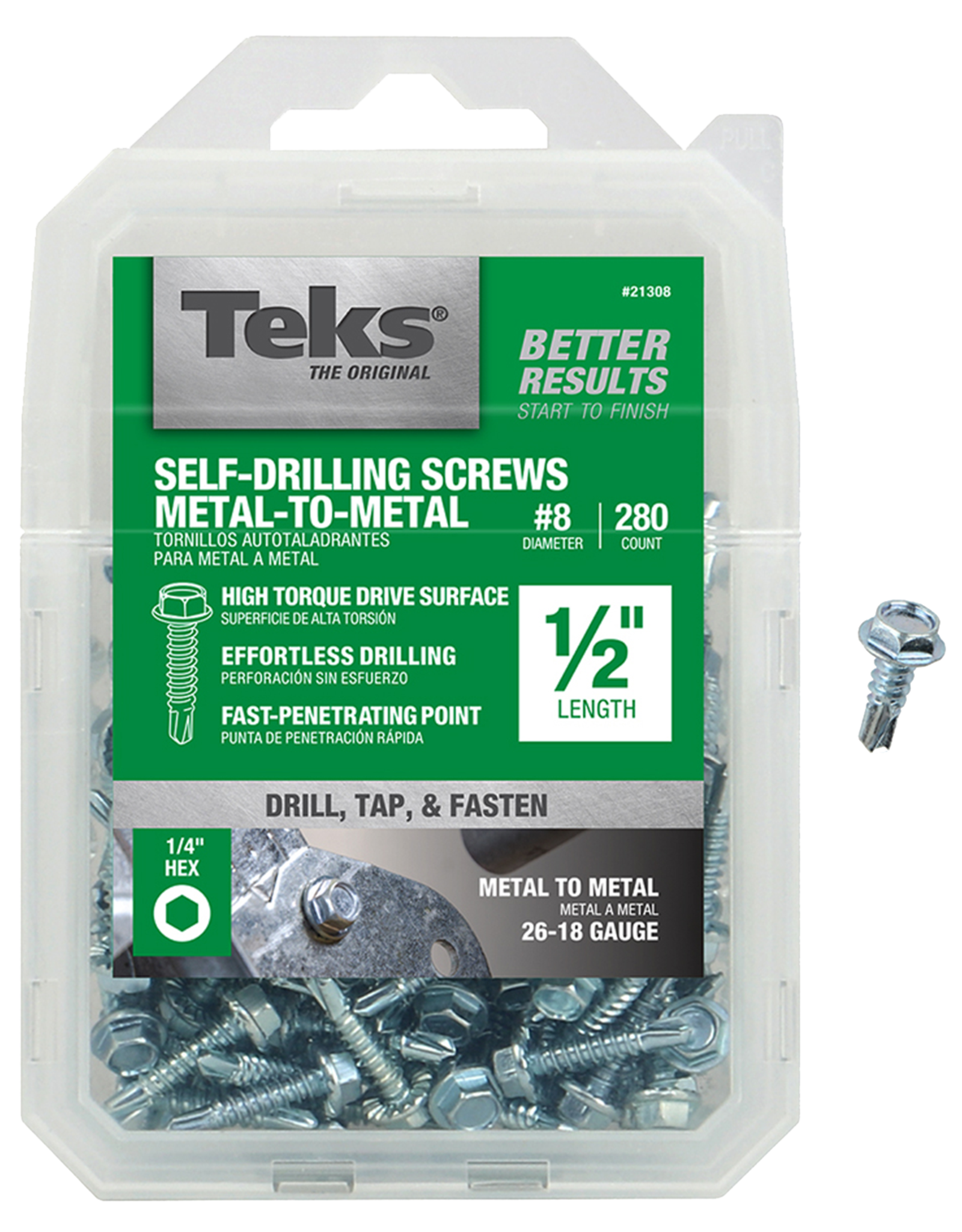 Teks Teks 21308 Self-Tapping Screw, #8 Thread, Coarse, 1/4 in Drive, Self-Drill Point