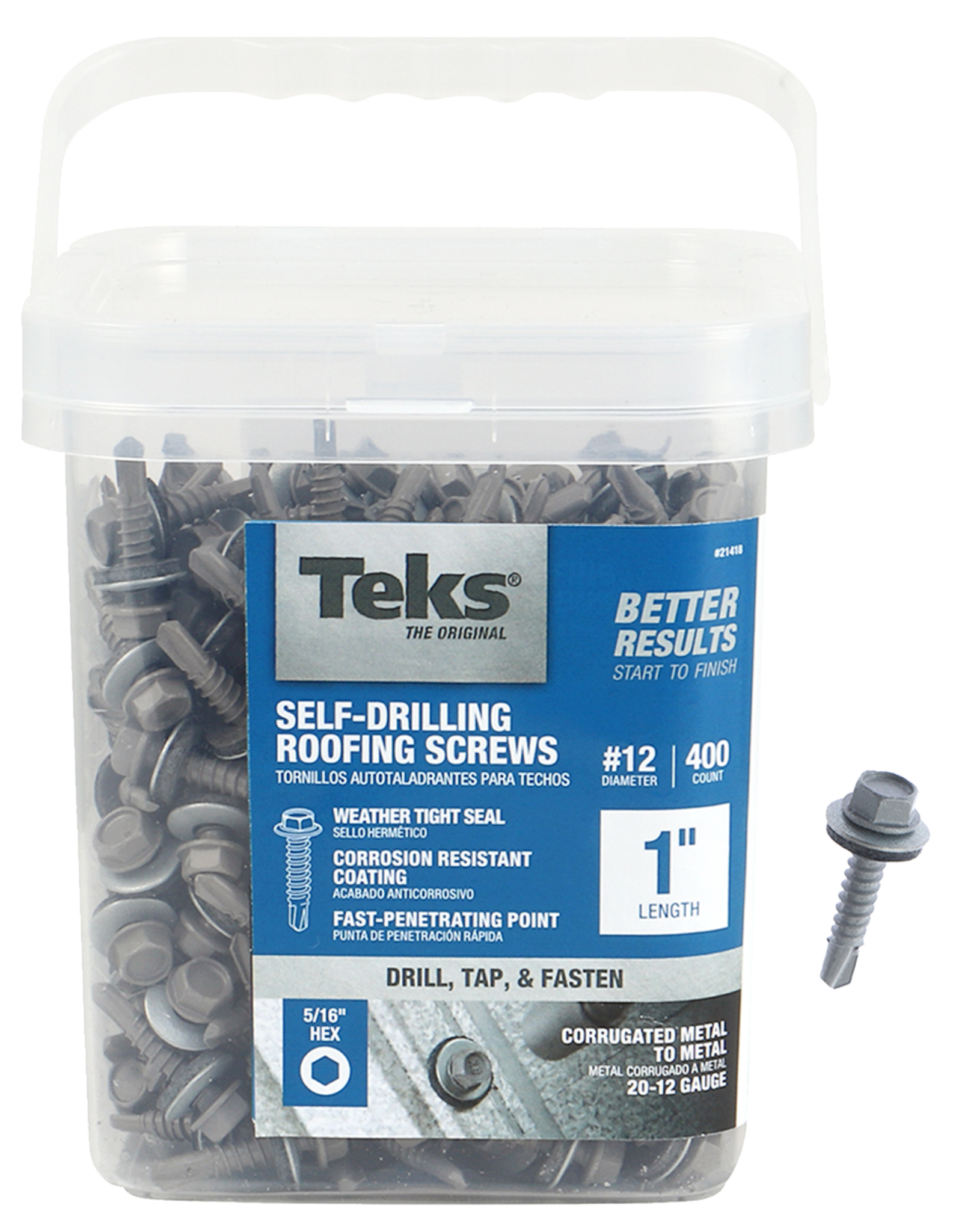 Teks Teks 21418 Self-Tapping Roofing Screw, #12 Thread, Coarse, Drill Point*