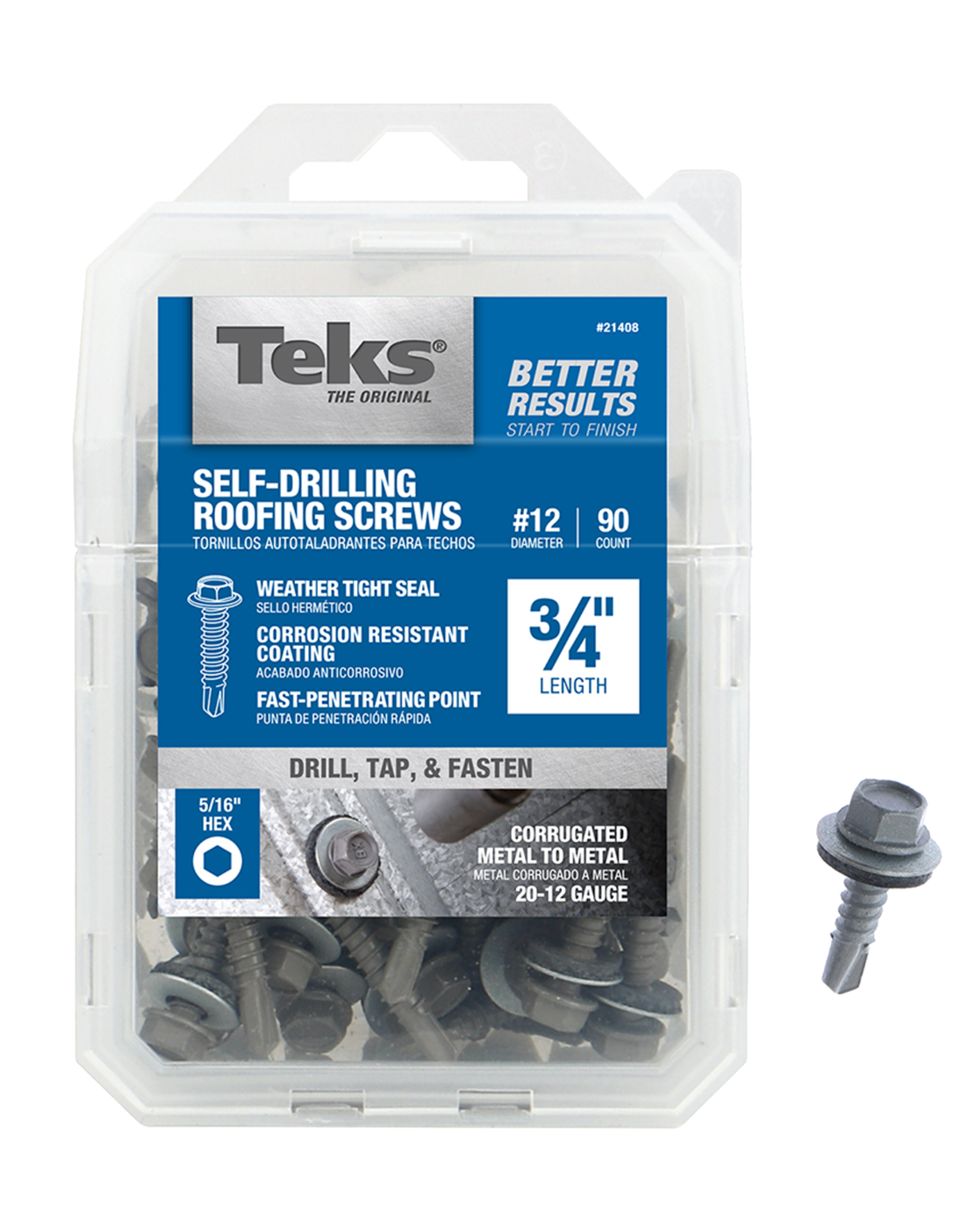 Teks Teks 21408 Roofing Screw, #12 Thread, Fine, 1/4 in Drive, Drill Point