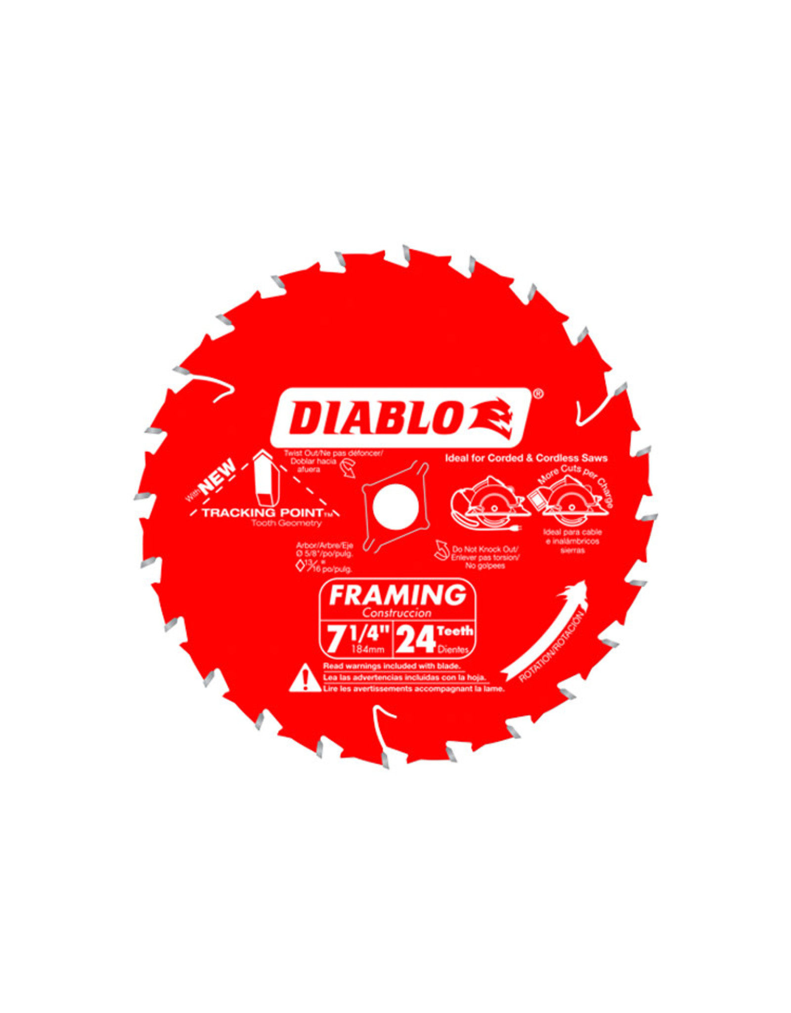 Diablo Diablo D0724A Circular Saw Blade, 7-1/4 in Dia, 5/8 in Arbor, 24-Teeth, Carbide Cutting Edge