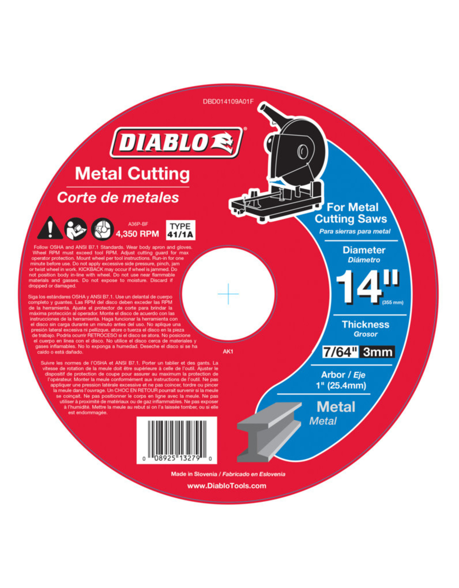Diablo Diablo DBD014109A01F Chop Saw Disc, 14 in Dia, 1 in Arbor, Aluminum Oxide Abrasive*