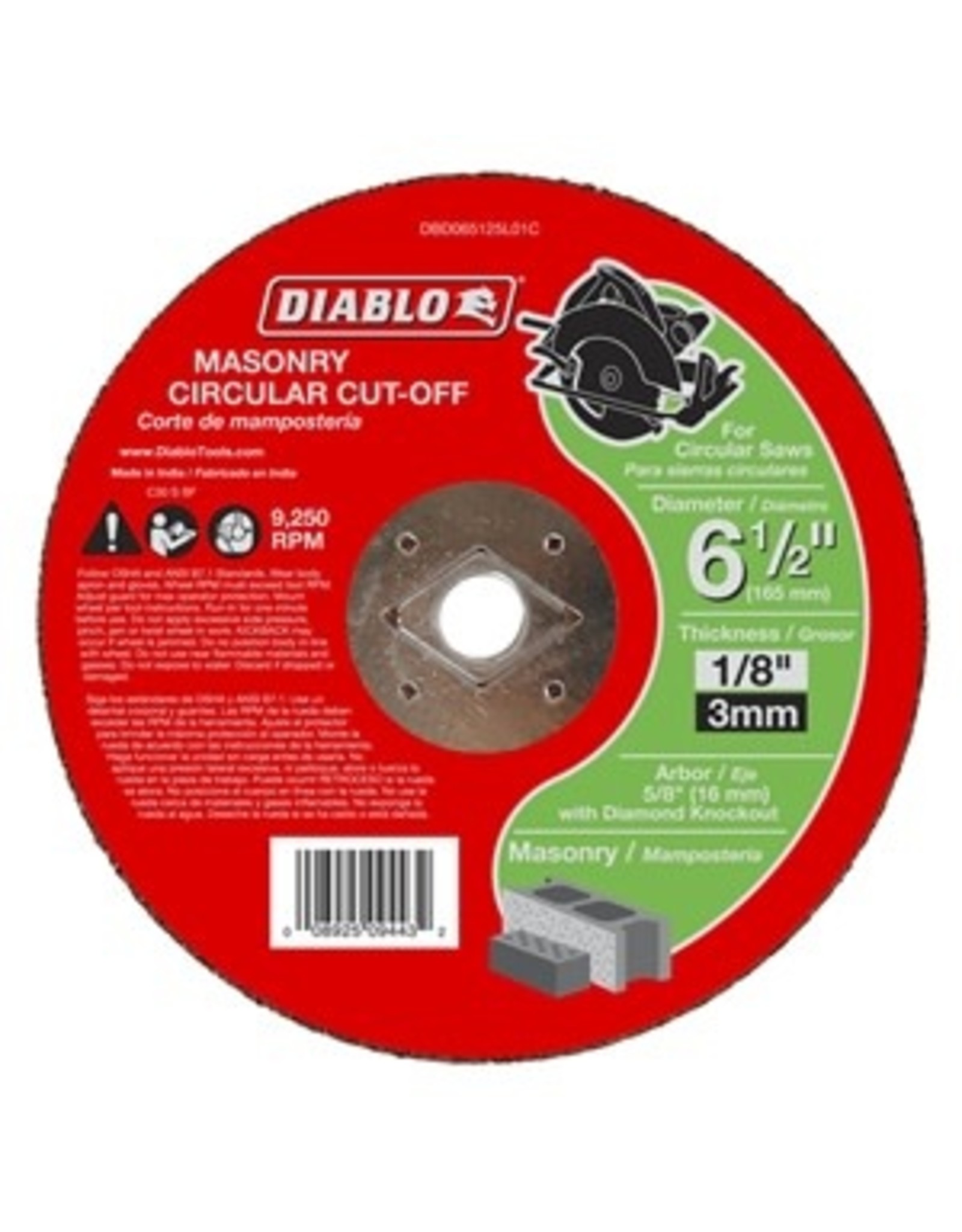 Diablo Diablo DBD065125L01C Cut-Off Wheel, 6-1/2 in Dia, 1/8 in Thick, 5/8 in Arbor, Aluminum Oxide Abrasive