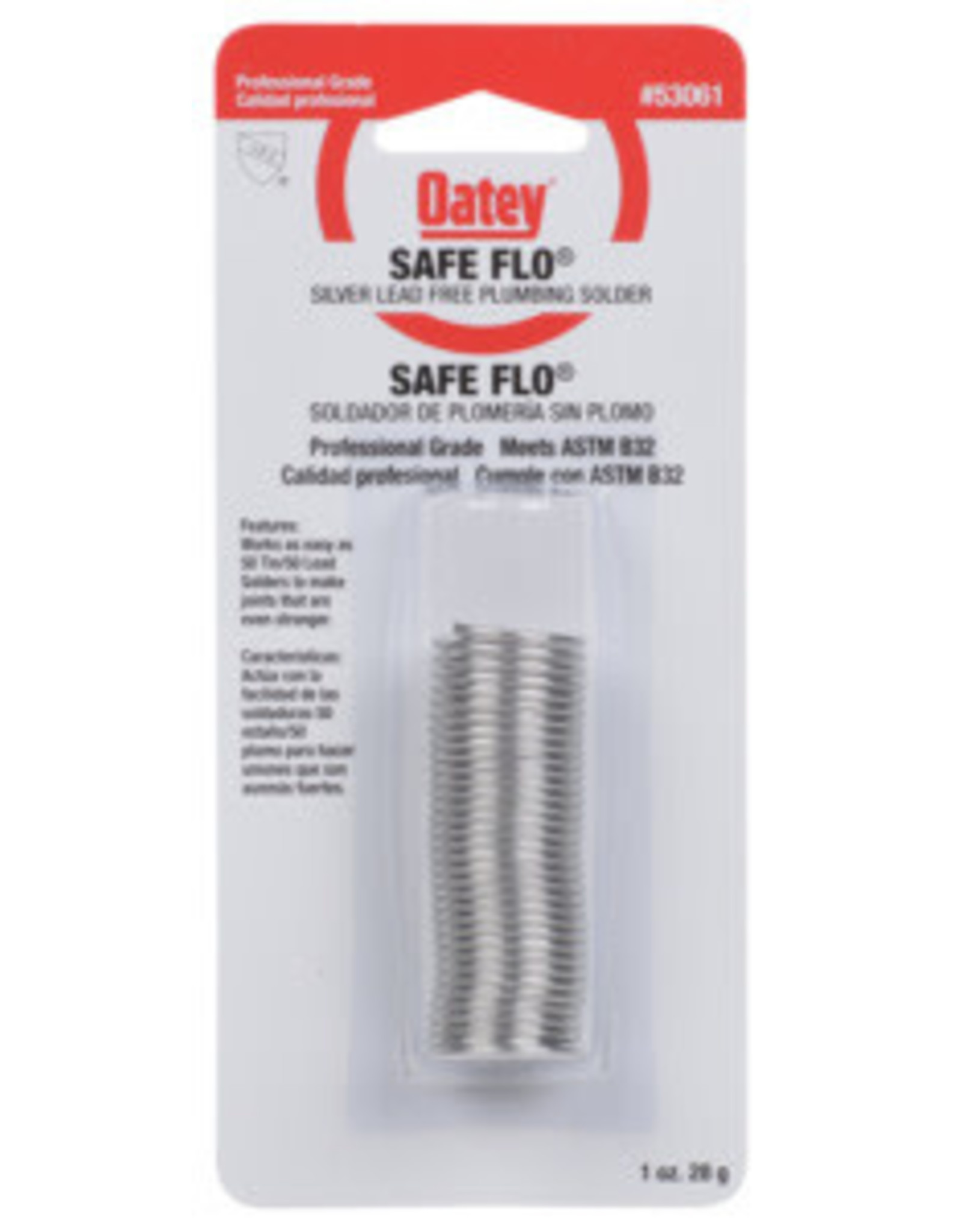 Oatey Oatey Safe-Flo 53061 Wire Solder, 1 oz Carded, Solid, Gray/Silver, 415 to 455 deg F Melting Point