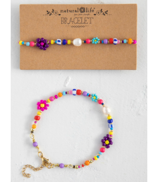 Natural Life Boho Beaded Daisy & Pearl Bracelet