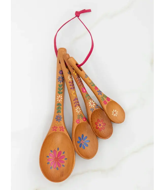 Natural Life Folk Flower Wooden Measuring Spoons, Set of 4