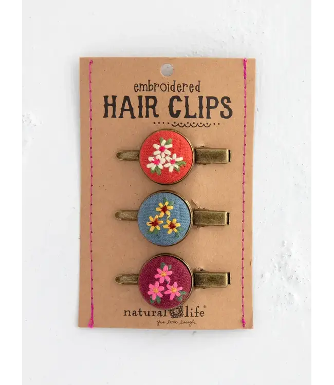 Natural Life Embroidered Button Hair Clips, Set of 3