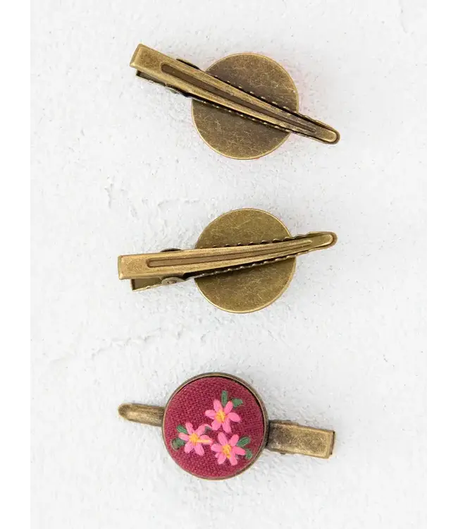 Natural Life Embroidered Button Hair Clips, Set of 3