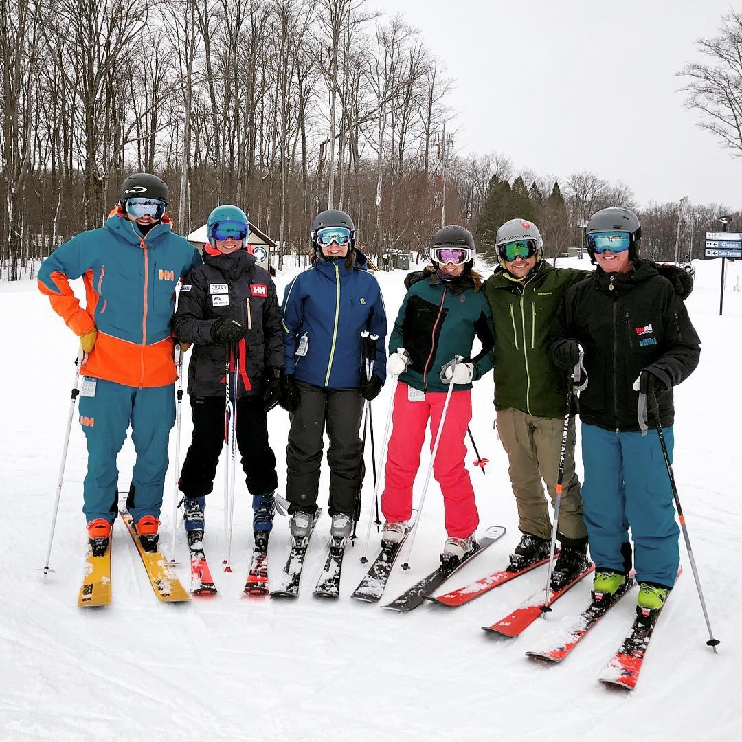 Sun & Snow ski shop staff testing ski equipment at an on-snow ski test event