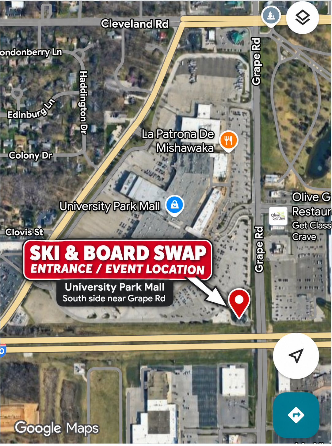 Map showing the Sun and Snow Mishawaka Ski and Snowboard Swap location at University Park Mall