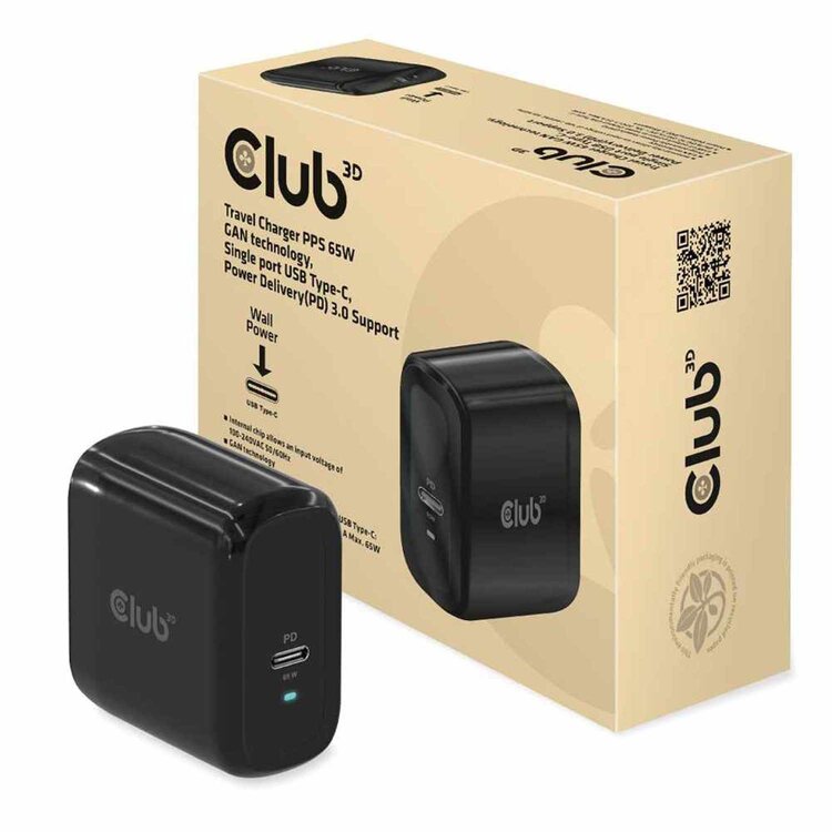 Club3D Travel Charger PPS 65W GAN USB-C PD Black