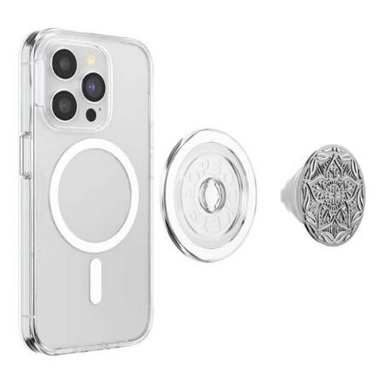 PopSockets PopGrip MagSafe Round w/ Adapter Ring Enamel Silver Mandala