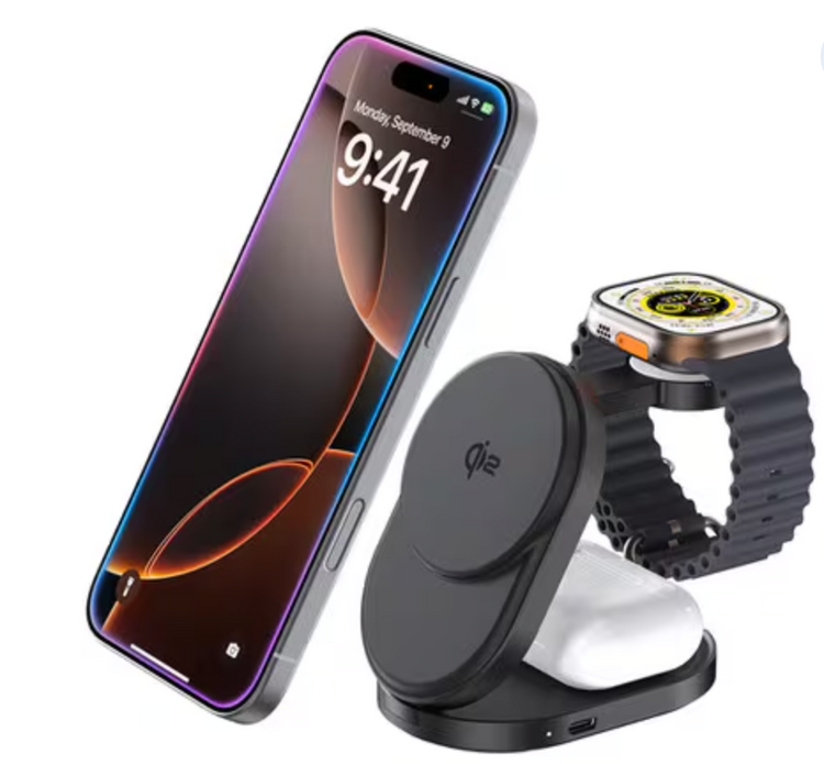 Blu Element Qi2 3-in-1 Foldable Wireless Charging Stand 15W MagSafe-Compatible Black