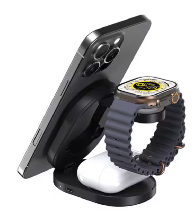 Blu Element Qi2 3-in-1 Foldable Wireless Charging Stand 15W MagSafe-Compatible Black