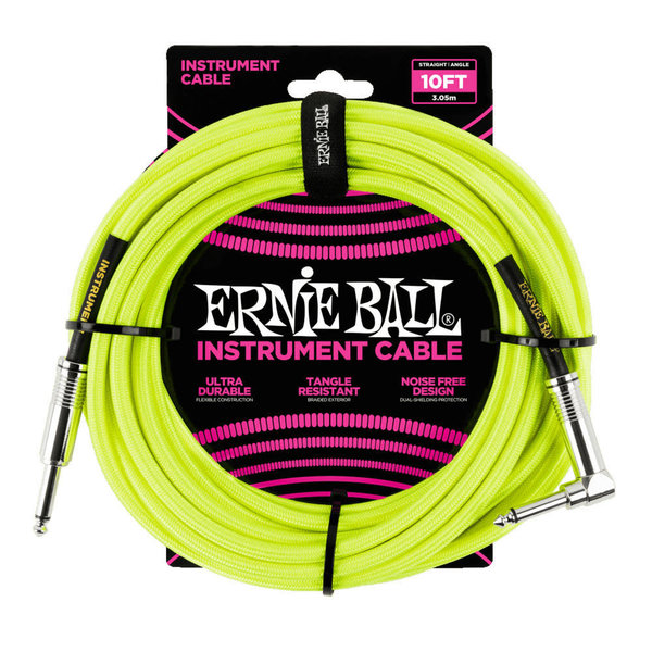 Ernie Ball Ernie Ball Braided Instrument Cable 1/4" Straight to Right Angle 10' Neon Yellow