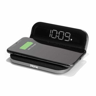 iHome Compact Alarm Clock with Qi Wireless and USB Charging Grey