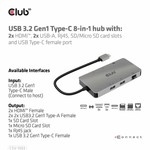 Club3D USB-C 3.2 Gen 1 8-in-1 Hub with 2X HDMI/2X USB/RJ45/SD/Micro SD Card Slots and USB-C Female Port Adapter Gray