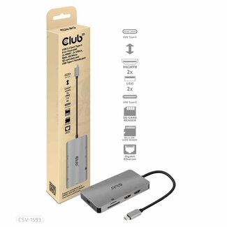 Club3D USB-C 3.2 Gen 1 8-in-1 Hub with 2X HDMI/2X USB/RJ45/SD/Micro SD Card Slots and USB-C Female Port Adapter Gray