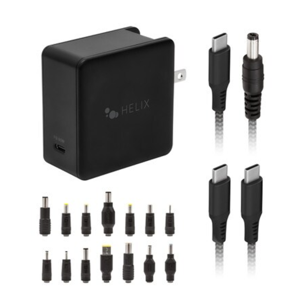 Helix Helix/Retrak Apple/PC Laptop Charger 65W 14 Tips + 6 inch USB-C Cable Black