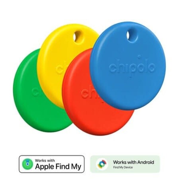 Chipolo POP 4 Pack Tracking Tag (Works with Google’s Find My Device or Apple Find My) Red/Blue/Yellow/Green