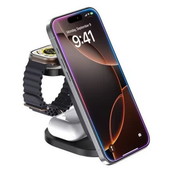 Blu Element Blu Element Qi2 3-in-1 Foldable Wireless Charging Stand 15W MagSafe-Compatible Black