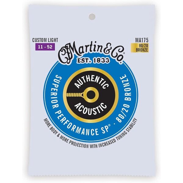 Martin & Co Martin Authentic Acoustic Guitar Strings Superior Performance Custom Light 11-52 80/20 Bronze