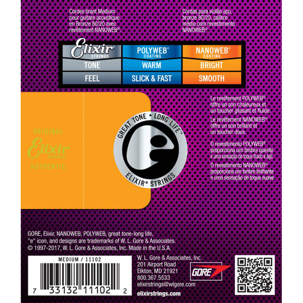 Elixir Elixir Medium Acoustic 80/20 Bronze With Nanoweb Coating .013 - .056