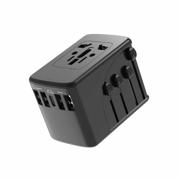 Universal Travel Adapter 4 USB-A & USB-C Port 6.5A Output with Nylon Pouch Black