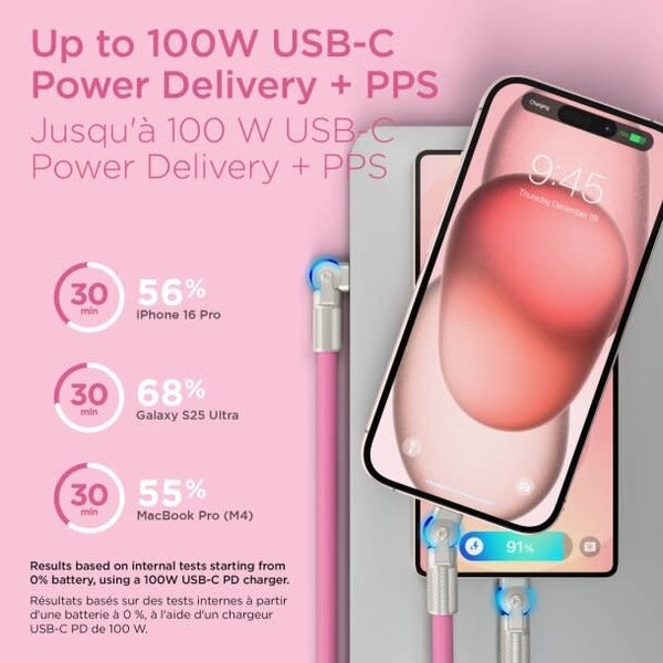 HyperGear 12 ft. 360cm 100W USB-C to USB-C Chunky 180 Rugged Cable w/Rotating Connectors - Pink