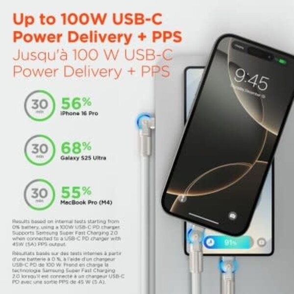HyperGear 12 ft 360cm 100W USB-C to USB-C Chunky 180 Rugged Cable w/Rotating Connectors White