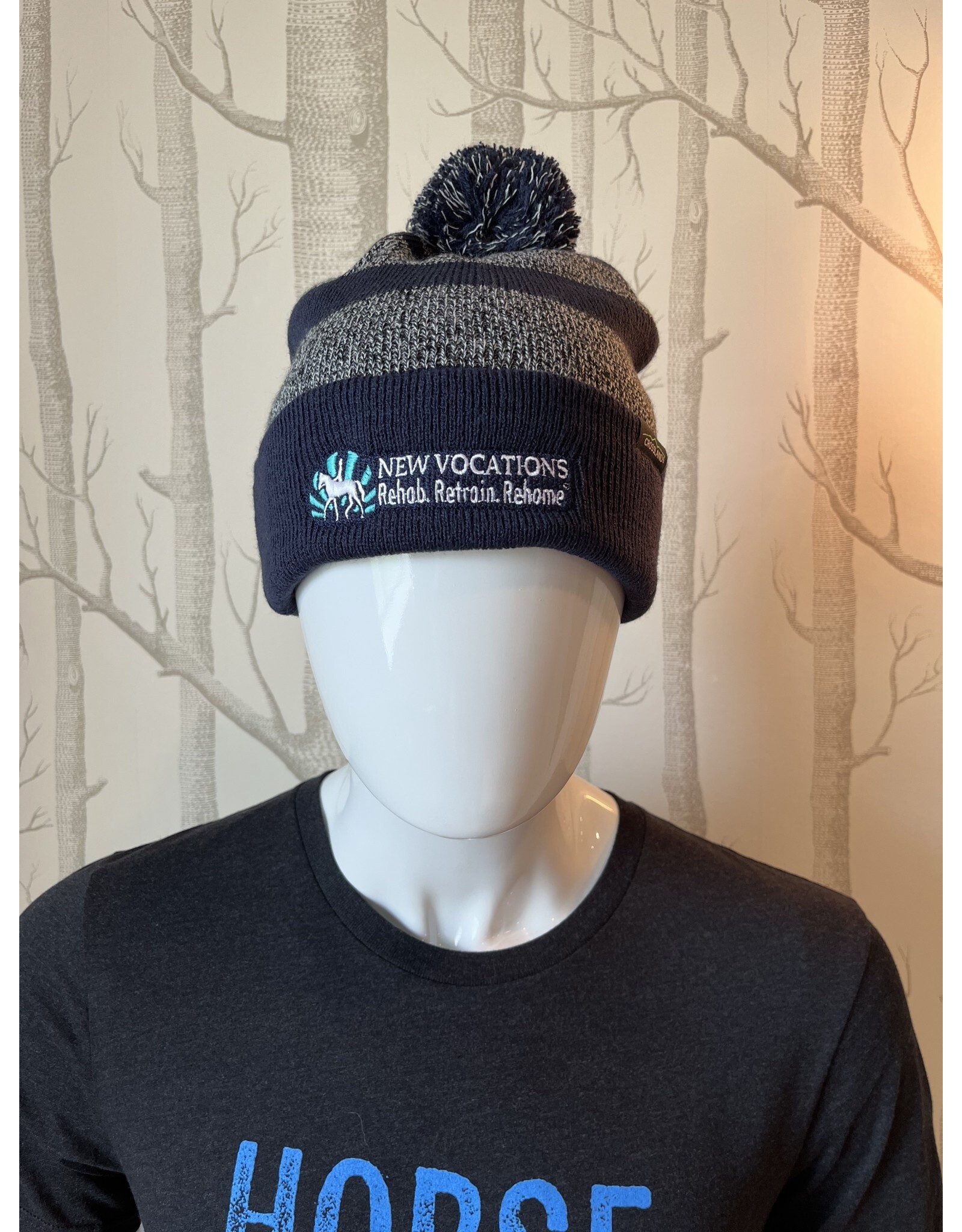 Navy Striped Beanie with Pom