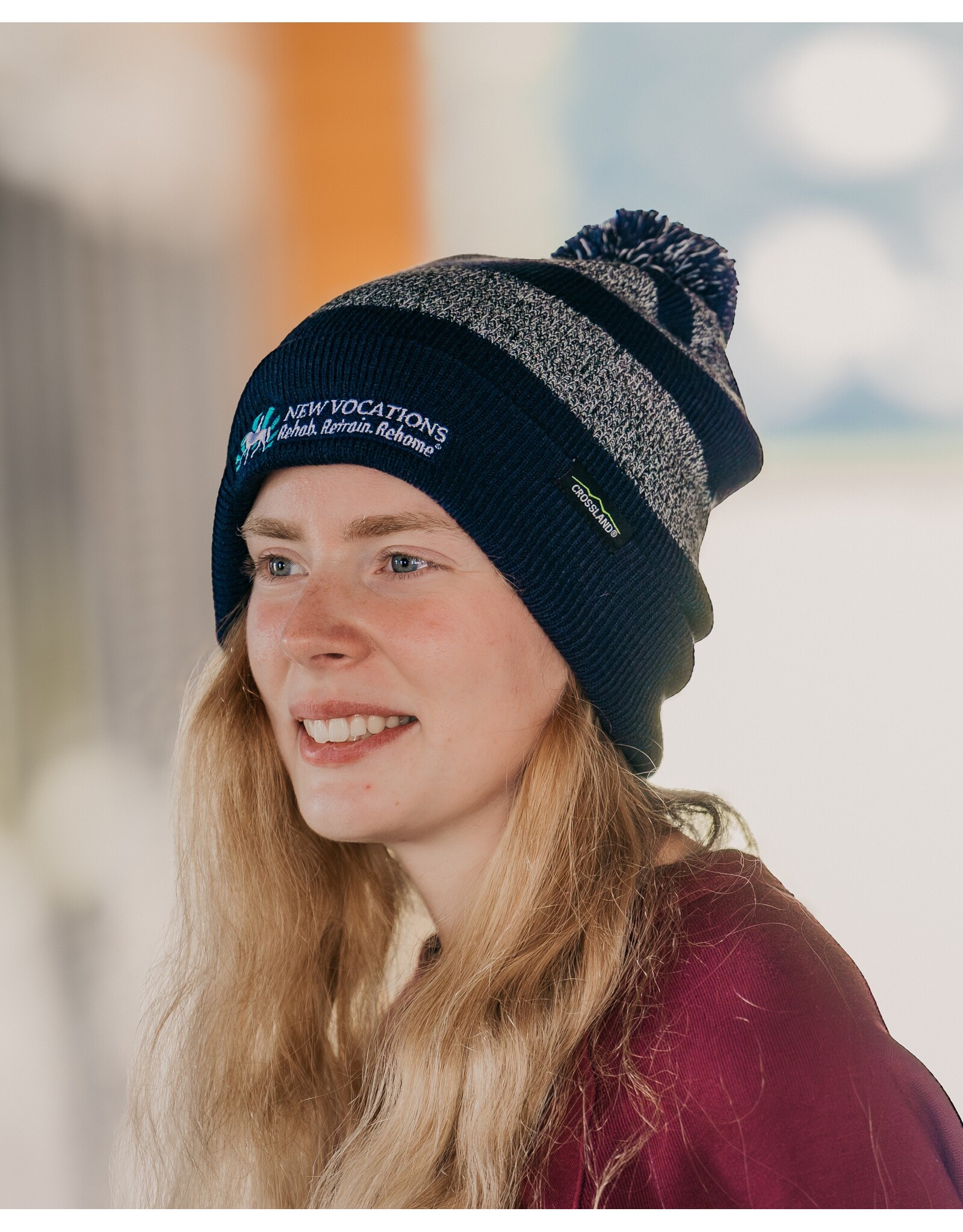 Navy Striped Beanie with Pom