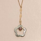 Ellice and Her Necklace Fortune; green flower mother of pearl, rose cloisonne, gold filigree /chain