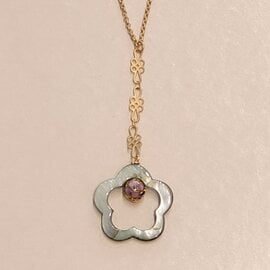 Ellice and Her Necklace Fortune; green flower mother of pearl, rose cloisonne, gold filigree /chain