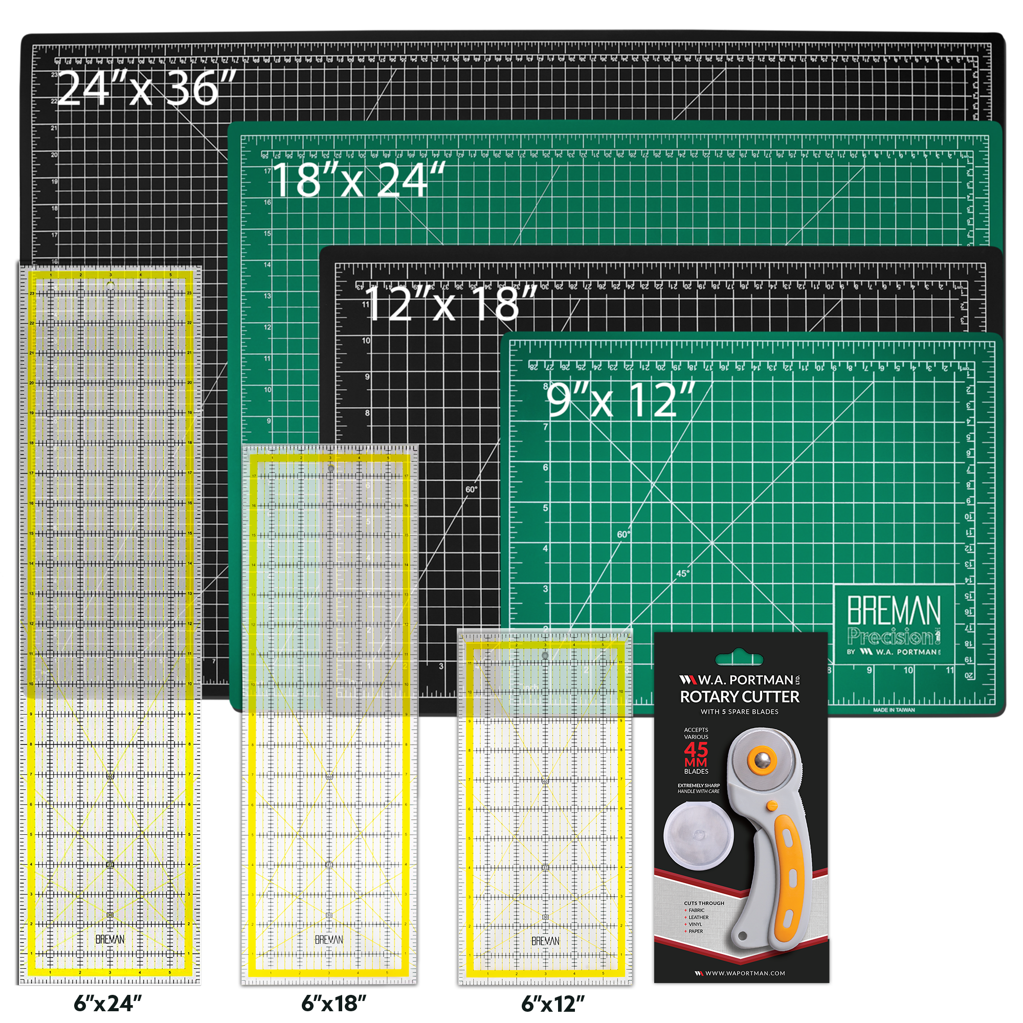W.A. Portman Rotary Cutter Set w/ Quilting Ruler (9x12, 12x18, 18x24, 24x36) W.A. Portman Rotary Cutter Set w/ Quilting Ruler (9x12, 12x18, 18x24, 24x36)