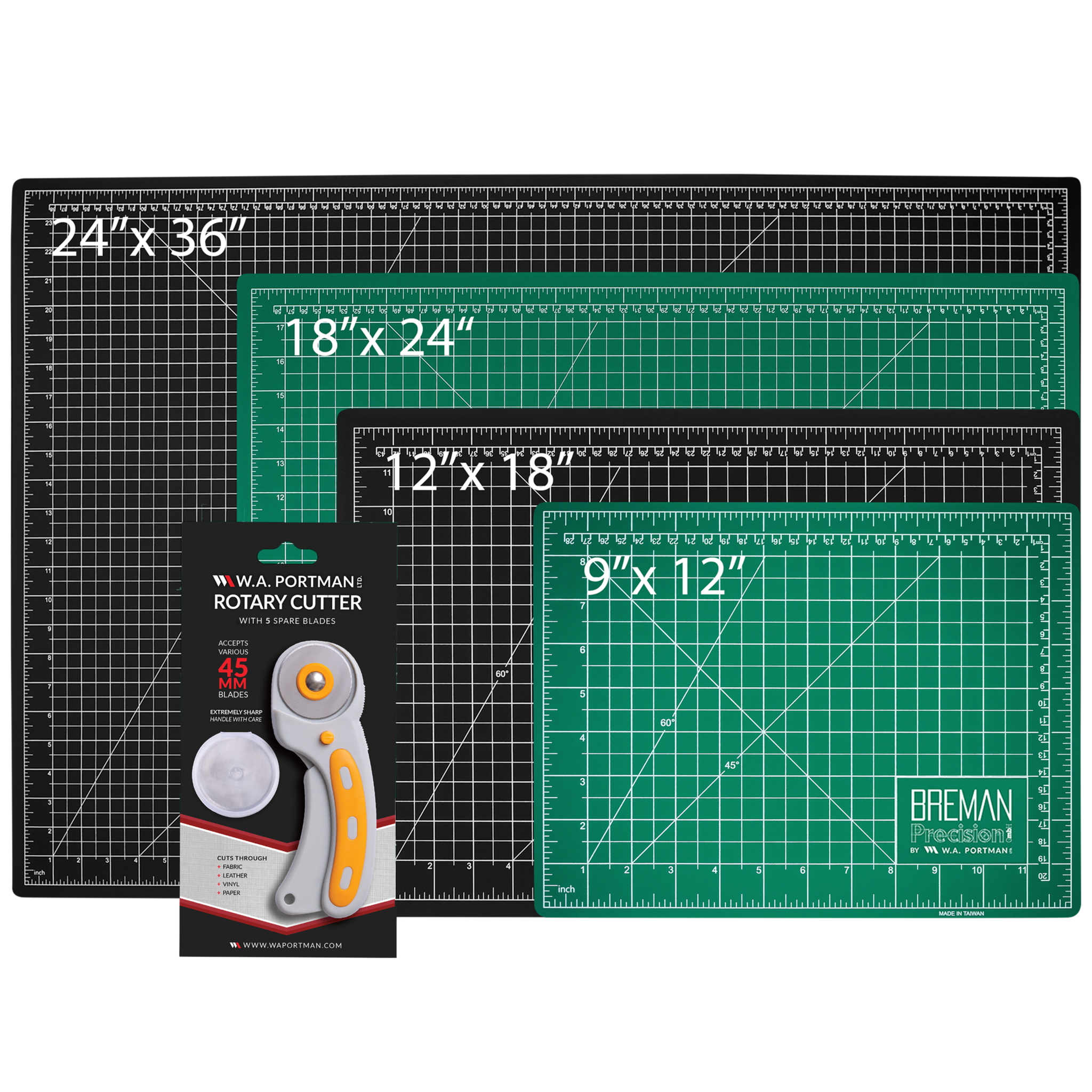 W.A. Portman Rotary Fabric Cutter w/5 Replacement Blades & Cutting Mat (9x12, 12x18, 18x24, 24x36)